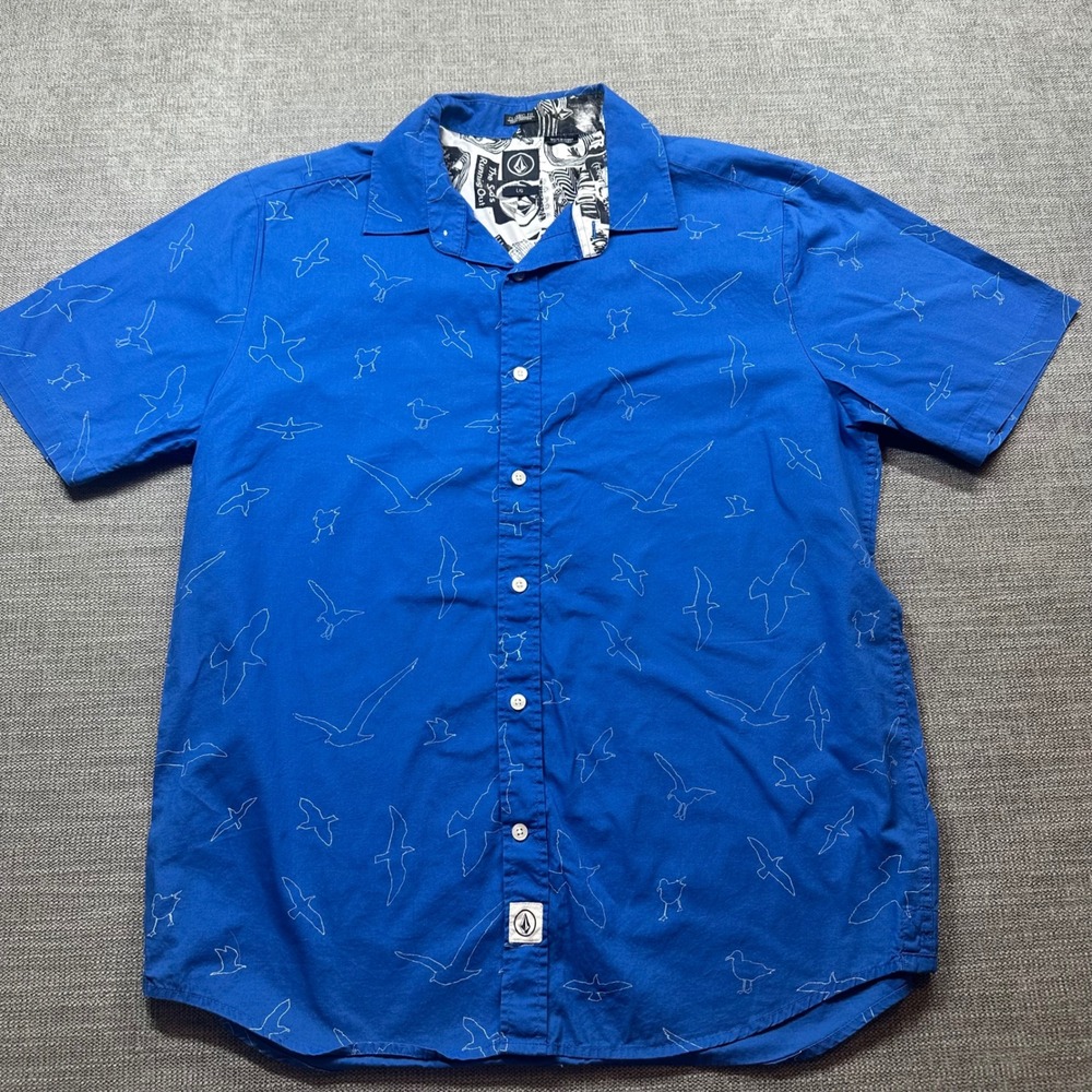Volcom Button Down Shirt Mens Large Blue Bird Print Short Sleeve Classic